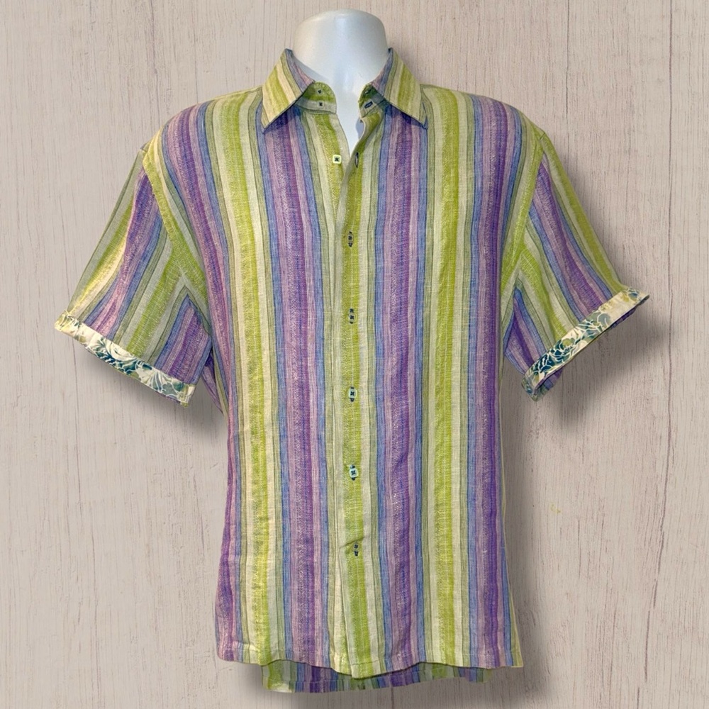 Luciano Visconti Uomo Linen Striped Button-Down Shirt Men’s Large Short Sleeve